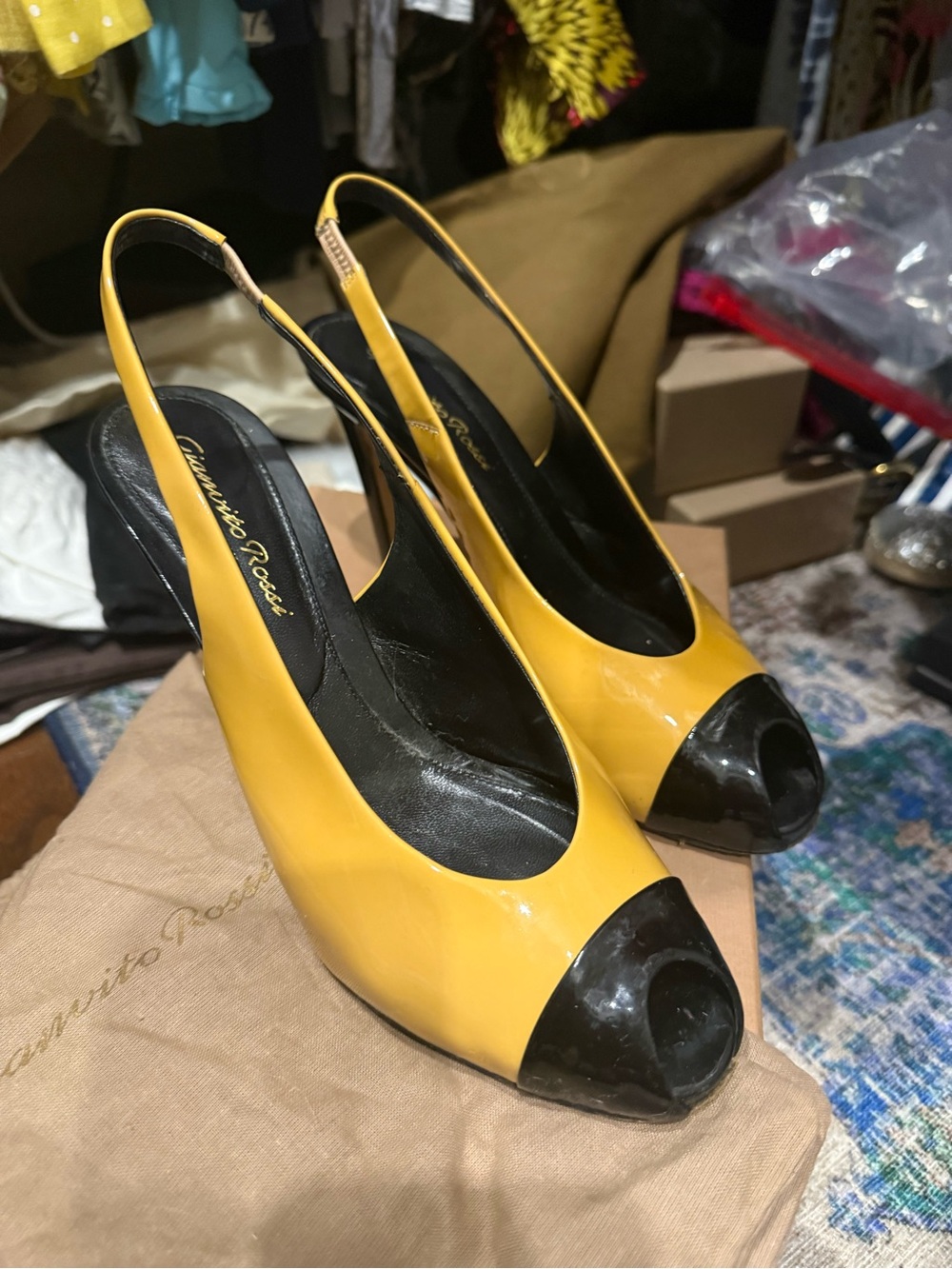 Gianvito Rossi Yellow and Black Peep-Toe Slingback Pumps